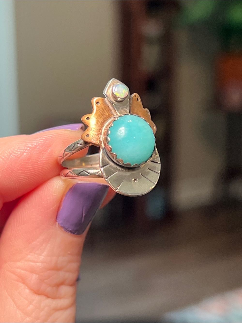 Onata Artisan Boho Goddess Crown Amazonite Opal Sterling Silver Copper Ring